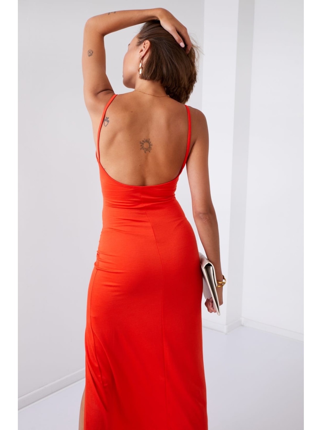 Smooth maxi dress on straps with a slit, brick red 110570 - Online store - Boutique